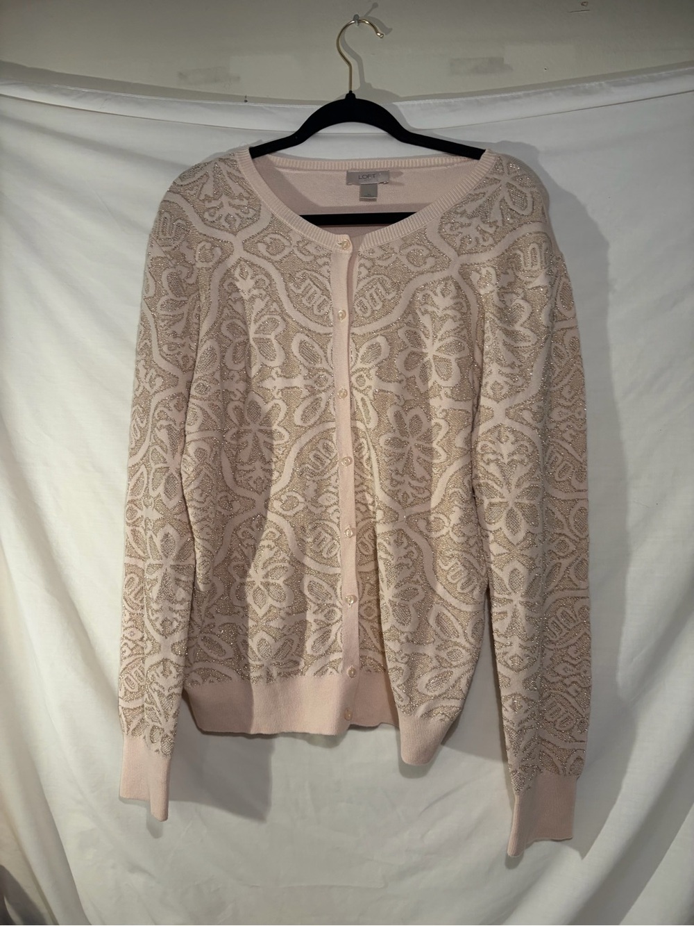 LOFT Light Pink Embroidered Button-Front Cardigan excellent for holiday size XL